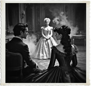 Picture taken from afar of black haired woman with green eyes wearing a gown with a gentleman at her side, sitting in an opulent parlour. Ahead of them is a female opera signer of renown. The room is empty save for the couple and performer. The air was thick with smoke. Scene and clothing appropriate for 1885 Paris at night.