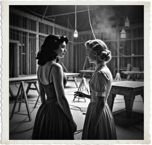 Picture of a black haired woman with green eyes wearing a slip, being approached by a blonde in a maid's uniform. Located in a ballroom under construction and mostly empty except for a few sawhorses, tables, and a large granite piece. The walls were still slats of wood running horizontally and in parallel. The workers had yet to apply plaster. Cabling protruded from openings in the walls and ceiling, none of it was connected. Several lanterns to chase away the darkness. The air was thick with smoke. Scene and clothing appropriate for 1915 Canada at night.