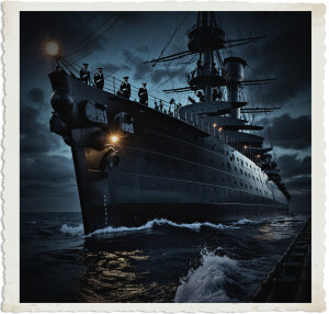a cinematic nighttime photograph of a British Dreadnought battleship at sea set in 1914 with sailors wearing traditional naval uniforms appropriate for the era, the ship's spotlights and portholes glowing warmly against the dark blue blackness of the night sky, waves gently lapping at the hull, with a sense of dramatic tension and a focus on the textures of the ship's metal and the sailors' clothing, captured in a high contrast black and white tone with deep shadows and bright highlights.