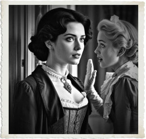 A black haired beauty with fair skin and piercing green eyes, with a formal gown and corset, along with a jacket stands away from the door. Meanwhile a blonde hair and blue eyed maid is berating the hotel courtier. Setting and clothing appropriate for 1914.