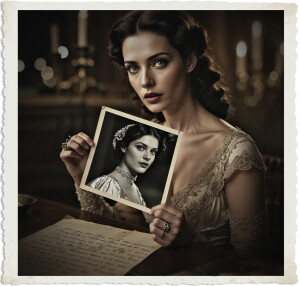 a cinematic photo of a brunette woman with piercing green eyes and smooth skin holding a provocative black and white picture of herself, her facial expression introspective and emotive, wearing a long elegant evening gown with intricate lace details, appropriate for 1914, set against a dimly lit nighttime background, with a penned letter on the table beside her, the letter worn and creased, destined for her love at war, the woman's dark hair styled in loose curls, her full lips slightly parted, the overall mood melancholic and nostalgic, captured in a warm and intimate photography style with soft focus and golden undertones.
