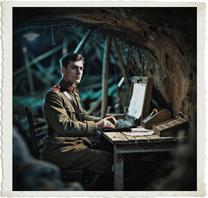 Color picture of a young colonel sitting at a makeshift desk in a dugout during the Great War. Image appears frozen in time, as though he has been there for an eternity.  Setting and clothing appropriate for 1914, and at night.