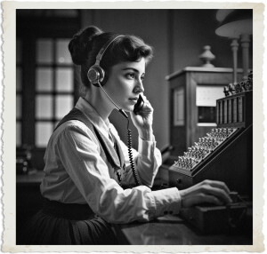 a cinematic colour photo of a female phone operator with a calm and attentive expression, seated by her vintage switchboard, listening intently to a conversation with a pair of headphones on, set against a dimly lit room with artificial lighting, dressed in attire suitable for 1914, including a long skirt and blouse, with her dark hair styled in a bun, and a faint glow on her pale skin, the switchboard and surrounding equipment are made of brass and wood, with a mix of warm and cool tones, the overall atmosphere is one of focused concentration, captured through a shallow depth of field, with the operator as the main subject, in a photography style reminiscent of the early 20th century.