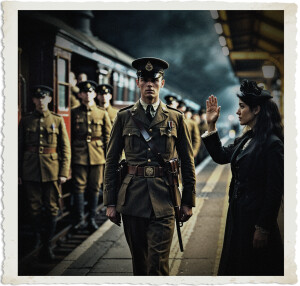 a cinematic colour photograph of a young British Colonel in a formal military uniform with a stern expression and a mix of disappointment and longing on his face, embarking a vintage steam train at a dimly lit railway station at night, surrounded by other soldiers in similar attire, as a woman with long black hair and a black Victorian-style outfit, her face filled with a sense of sadness and loss, waves goodbye, her eyes fixed on the Colonel, the atmosphere is melancholic and nostalgic, with warm golden lighting casting a glow on the soldiers and the train, and a darker cooler tone in the background, capturing the essence of a poignant moment in 1914.