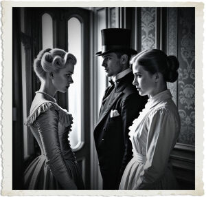 a cinematic black and white photo of a dignified Courtier stands at the ornate door waiting to be acknowledged by two women, a refined lady and a humble maid, who are intentionally ignoring him, their faces expressionless, the lady's skin a porcelain complexion and the maid's a slightly tanned tone, both with distinct facial features, the lady's hair styled in an elegant updo and the maid's in a simple bun, their clothing and the setting, including the lavish furnishings and wallpaper, are all appropriate for 1914, with the Courtier dressed in a formal suit and top hat, the lady in a luxurious gown and the maid in a modest uniform, the photography style is highly detailed and dramatic, with a shallow depth of field, and a sense of tension and anticipation palpable in the air.