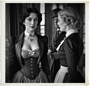A black haired beauty with fair skin and piercing green eyes, with a formal gown and corset, along with a jacket stands away from the door. Meanwhile a blonde hair and blue eyed maid is talking to a hotel courtier. Hotel setting and clothing appropriate for 1914.