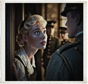 a cinematic photo of a blonde maid with a curious expression and rosy skin tone peeking around a dimly lit corner and spotting two soldiers in uniform, set against a backdrop of a World War I era nighttime scene with muted earth tones and soft golden lighting, the maid's dress and apron are reminiscent of 1914 servant attire, while the soldiers' uniforms are adorned with brass buttons and insignia, the overall mood is one of secrecy and discovery, with the maid's bright blue eyes sparkling with intrigue as she gazes at the soldiers, the photography style is warm and film-like, with a shallow depth of field and subtle grain texture.corners