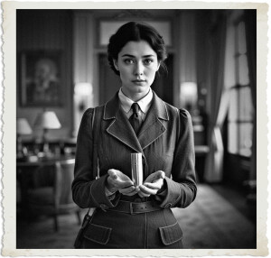 Young lady dressed in travel clothes walking around a lavish room while holding a small silver cylinder in her hands. She has green eyes, black hair. Setting and clothing appropriate for 1914, with no windows or natural light.
