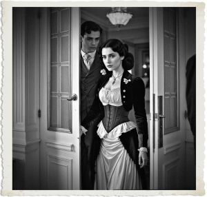 The courtier opened the pristine white doors with gold trim leading into the suite on the fourth floor of what would be known as The Grand. When he moved out of the way a black haired beauty with fair skin and piercing green eyes walked inside. She wore a formal gown and corset, along with a jacket as they had just arrived. Hotel setting and clothing appropriate for 1914.