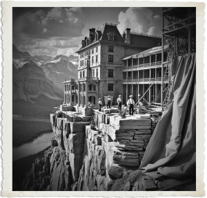 a cinematic photograph of a grand French Palatial hotel under construction, perched dramatically atop a rugged cliff and nestled within the majestic Rockies, with workers in 1914 attire, including newsboy caps, suspenders, and long coats, amidst a backdrop of freshly cut stone, wooden scaffolding, and billowing canvas tarps, with a serene lake or river flowing gently in the valley below, set against a warm, sunny sky with puffy white clouds, captured in a warm, earthy color palette with shades of brown, beige, and grey, using a medium format camera with a slight sepia tone, emphasizing the intricate architectural details and the contrast between the natural landscape and the man-made structure.