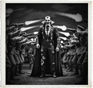 German vampire with a half circle of British soldiers firing their weapons at him. The vampire despite numerous gunshot wounds is still standing and defiant. Scene and clothing appropriate for the Great War at night.