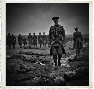Black and white photograph of a grim battlefield aftermath. A stern military officer in a peaked cap and long greatcoat walks forward through a muddy field strewn with the bodies of fallen soldiers. In the background, other officers march in formation beneath a dark, brooding sky. The image is styled as a vintage photograph with torn-edge borders.