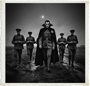 Black and white dramatic photograph of a pale, vampiric military officer with a black cape over his uniform walking forward on a muddy path at night, flanked by four soldiers marching in formation. A bright moon hangs in the cloudy sky above the desolate landscape. The image is styled as a vintage photograph with torn-edge borders.