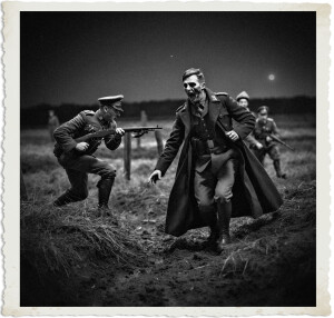 Black and white dramatic photograph of a tense nighttime encounter in a muddy field. A soldier in a peaked cap kneels and aims a submachine gun at a pale, screaming man in a long military greatcoat who is charging forward aggressively with arms outstretched. Other soldiers stand in the background under a moonlit sky. The image is styled as a vintage photograph with torn-edge borders.