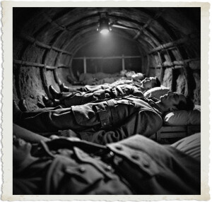 Black and white dramatic photograph of soldiers resting in a dimly lit underground bunker or tunnel. Several men in uniform lie on simple cots or the ground, sleeping under a single hanging bulb that casts strong shadows. The curved, reinforced ceiling and sparse military setting create a claustrophobic, wartime atmosphere. Styled as a vintage photograph with torn-edge borders.
