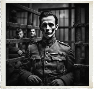 Black and white dramatic photograph of a stern military officer with dark smudges on his face standing inside a stockade or prison cell. He grips the bars with an intense expression while other soldiers are visible in the blurred background. The image has a vintage torn-edge photo border.