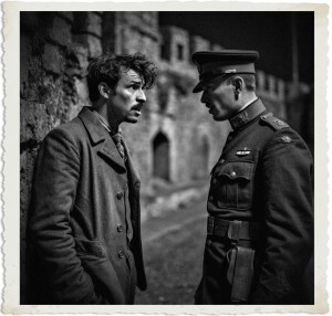 Black and white photograph of two men facing each other tensely. On the left, a disheveled man with messy hair and a mustache, wearing a worn civilian coat, leans against a stone wall with a concerned expression. On the right, a stern military officer in a decorated uniform, peaked cap, and medals stands confronting him. They are positioned before the dark, ruined stone walls of a castle at night. The image has a vintage, torn-edge photo border.