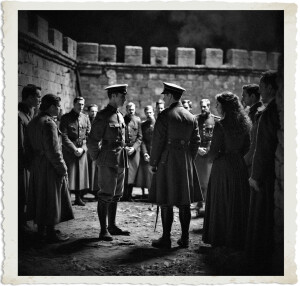 Black and white photograph of a tense nighttime confrontation in a castle courtyard. Two military officers stand face-to-face in the center: one in a peaked cap with hands in pockets, the other holding a baton behind his back. They are surrounded by a group of uniformed men and a woman in a long dark dress who are watching intently. The background features high stone castle walls under dramatic lighting, with the entire image styled as a vintage photograph with torn-edge borders.