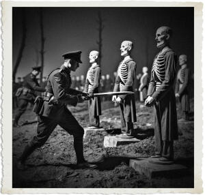 Black-and-white vintage-style photograph with a torn-paper border, depicting a surreal military training scene. A soldier in early 20th-century uniform lunges forward with a sword toward a line of eerie skeleton figures dressed in military coats, standing on pedestals in a muddy, barren field. Other soldiers train in the foggy background.