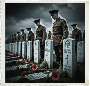 a cinematic photo for Remembrance Day with rows of white tombstones in the background, bearing the names of fallen soldiers, their ghostly transparent figures standing before the stones, all set against a somber 1918 backdrop, the clothing of the era evident, with muted earthy tones and faded military uniforms, the overall atmosphere subdued and respectful, photographed in a style that evokes a sense of nostalgia and reverence, the focal point on the transparent soldiers, their facial features solemn, skin pale, and eyes cast downward, the tombstones weathered and worn, with faded inscriptions, and poppy flowers scattered about, the sky above a deep grey, with clouds that seem to weep tears of rain, all captured through the lens of a photographic medium that conveys the gravity and reverence of the moment.
