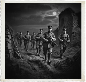 a cinematic photograph of British armed soldiers with determined expressions, dressed in muddy khaki uniforms and wearing worn leather boots, creeping cautiously across the dark, moonlit terrain towards a worn, abandoned redoubt with crumbling stone walls and overgrown with weeds, set against a somber, cloudy night sky, with the soldiers' Lee-Enfield rifles at the ready, and their faces illuminated only by the faint moonlight, capturing the tense atmosphere of a World War I battlefield in 1915, shot in a gritty, high-contrast style with deep shadows and muted earth tones.