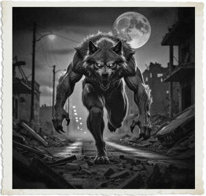 a cinematic photo of a fierce Werewolf with sharp claws and teeth, glowing yellow eyes, and thick gray fur, charging down the crumbling remnants of a deserted road lined with shattered streetlights, overturned cars, and rubble-filled buildings, set against the dark and ominous backdrop of a bombed out town at night, with a full moon hanging low in the sky, casting an eerie glow over the devastated landscape, captured in a dramatic and haunting photography style with deep shadows, high contrast, and muted colors, emphasizing the monster's intense movement and the desolate atmosphere of the war-torn town.