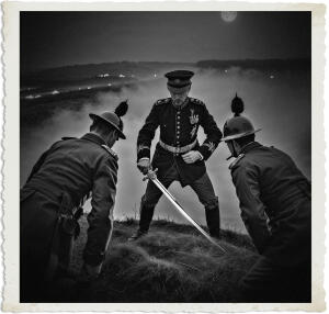 a cinematic photograph of a bird's eye view of a British officer, armed with a polished silver sabre, circling two German soldiers in a tense nighttime standoff, set in a war-torn landscape during The Great War in 1915, with the officer wearing a traditional British uniform adorned with gold buttons and a red sash, and the German soldiers dressed in Pickelhaube helmets and grey greatcoats, the scene illuminated by the soft glow of a full moon and the faint light of distant artillery fire, with deep shadows and misty fog rolling in, captured in a dramatic and realistic photography style with muted earthy tones and subtle shadows.