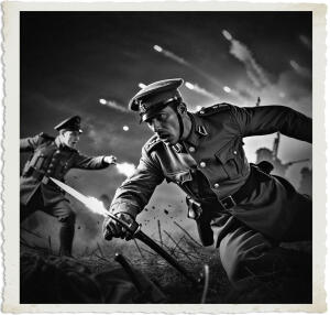 a cinematic photo of a British Officer with a strong jawline and determined expression, wearing a khaki uniform and helmet, dodging an attack from a German soldier in a muted green uniform, set against a dark and ominous nighttime backdrop with flashes of artillery fire illuminating the sky, the scene and clothing are meticulously detailed to be accurate for 1915 during The Great War, the photography style is dramatic and intense, capturing the chaos and danger of war, with deep shadows and sharp contrasts, the British Officer's face is illuminated by a brief flash of light, revealing a glimpse of fear and adrenaline in his eyes, as he dives for cover from the German soldier's outstretched bayonet.