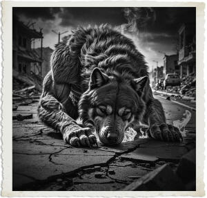a cinematic photo of a massive Hulking Werewolf with thick grey and brown fur collapsed head first into the cracked and shattered pavement, smoke and flames dancing near its neck, illuminating the dark desolate landscape of a bombed out town at night, with shattered buildings and debris scattered all around, the road behind it a ruined mess of rubble and destroyed vehicles, the photography capturing the intense dramatic scene in sharp detail with deep shadows and vibrant flames.