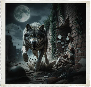 a cinematic photo of a gigantic wolf with sharp teeth and piercing yellow eyes running at full speed blowing through a brick wall with debris scattered everywhere, set in a World War I era scene at night with the full moon hanging overhead, casting a silver glow over the destruction, the wolf's fur is a thick gray coat, the brick wall is old and worn with ivy crawling up the sides, a soldier's helmet and rifle lie abandoned in the foreground, the photography style is dramatic and intense with deep shadows and high contrast, the mood is one of chaos and devastation, the camera captures the wolf in mid-leap, frozen in time, with the wall crumbling behind it.