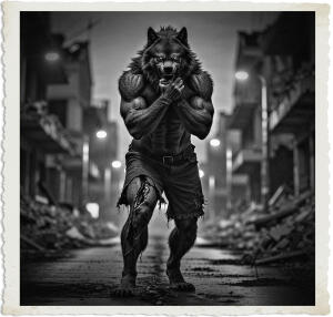 a cinematic photo of a hulking werewolf with sharp claws and teeth, his large hands gripping his throat as if in anguish, with a deep visible gash on his left leg, standing alone down what remains of a desolate road lined with destroyed buildings and rubble, in the midst of a bombed out town at night, with only a few flickering streetlights illuminating the dark scene, the werewolf's fur is matted and dirty, his eyes glow yellow in the dark, photography, with a shallow depth of field, and a muted color palette, emphasizing the destruction and chaos around him.