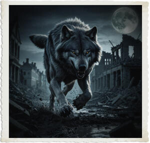 a cinematic photo of a gigantic wolf with thick grey fur and sharp claws running towards a bombed out town with destroyed buildings and rubble scattered everywhere, clawing into the muddy ground as it runs, its eyes glowing in the dark, scene and clothing appropriate for 1915 during The Great War at night with the full moon hanging overhead, casting a silver glow over the desolate landscape, the wolf's fur ruffled by the wind, its mouth open in a snarl, photography style is dramatic and intense, with deep shadows and strong lighting, capturing the chaos and destruction of war, the town's ruins are shrouded in darkness, with only the moonlight illuminating the devastation, the wolf is the central focus, its massive size and powerful movements dominating the scene.