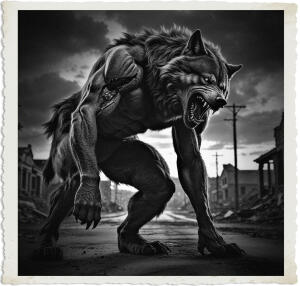 a cinematic photo of a massive Hulking Werewolf struggling to stand on one of its hind legs, letting out a fierce howl, with a deep visible gash on its left side, set against the backdrop of a desolate bombed out town at night, with only remnants of a road remaining, under a dark and ominous sky, captured through the lens of photography, with intense lighting and dramatic shadows accentuating the werewolf's facial features, including sharp teeth and glowing eyes, and the devastated townscape.