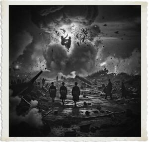 a cinematic nighttime photo of a bird's eye view of a massive explosion on the ground, with silhouetted creatures visible in the blast, set during The Great War in 1915, with scene and clothing appropriate for the era, including old-fashioned military uniforms and gas masks, amidst a chaotic and smoky landscape, with debris and rubble scattered everywhere, captured in a dramatic and intense photography style, with deep shadows and contrasting highlights, and a muted color palette dominated by dark blues and grays, with flashes of fiery oranges and yellows illuminating the dark sky.