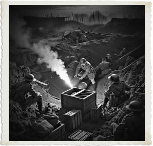 a cinematic photograph of a bird's eye view of British soldiers wearing khaki uniforms and helmets, preparing to launch a mortar under the faint moonlight, with smoke and fog rolling in, set amidst the trenches and ruined landscape of a World War I battlefield at night, the scene illuminated by flashes of mortar fire and faint lantern light, the soldiers' faces tense with concentration, their skin weathered from months of combat, with detailed textures of muddy terrain, worn equipment, and wooden crates, in a dramatic and ominous tone, with deep shadows and rich textures, in a sepia-toned color palette reminiscent of early 20th-century photography.