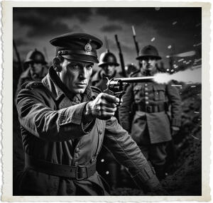 a cinematic photo of a British officer with a determined expression, wearing a trench coat and helmet, firing his revolver at two German soldiers, who are dressed in Pickelhaube helmets and greatcoats, in a nighttime scene set in a muddy trench during The Great War in 1915, with flashes of gunfire illuminating the dark sky, and the officer's face lit by the faint moonlight, his skin pale, with a strong jawline and piercing eyes, amidst the chaos of war, captured in a dramatic and intense photography style, with deep shadows and muted earthy tones.