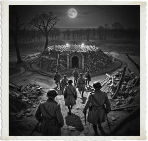 a cinematic photo of a bird's eye view of British soldiers in worn trench coats and helmets approaching a heavily fortified redoubt under the light of a full moon, over a war-torn terrain with shattered trees and rubble-filled trenches, the scene and clothing appropriate for 1915 during The Great War at night, with a muted color palette and deep shadows, captured in a photography style reminiscent of the era.