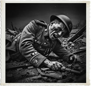 a cinematic photograph of a German soldier clad in a worn and tattered Feldgrau uniform, falling to the ground after being shot in the shoulder, set against a dark and ominous nighttime backdrop of a war-torn battlefield in 1915, with the soldier's face contorted in pain and his helmet askew, his skin pale and sweaty, and a look of shock and desperation in his eyes, the surrounding environment littered with debris and rubble, with muted earthy tones and shades of dark grey and black dominating the scene, captured in a dramatic and intense style, with deep shadows and highlights, and a sense of chaos and turmoil emanating from the image, the photography is in color, with a focus on the soldier's struggle and the harsh realities of war.