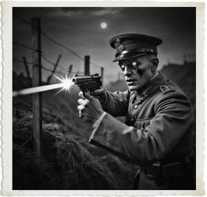 a cinematic photo of a British Officer with a determined expression, wearing a khaki uniform and helmet, armed with a pistol, shoots a vampiric German soldier with glowing eyes and sharp fangs, set against a dark and misty nocturnal backdrop of a World War I battlefield in 1915, with trenches and barbed wire in the foreground, the officer's facial features are strong and resolute, with a pale skin tone, while the vampiric soldier's skin is deathly pale, the scene is illuminated by the soft glow of moonlight and the muzzle flash of the pistol, with deep shadows and a sense of intense drama, captured in a photography style reminiscent of a classic war movie.