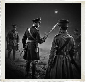 a cinematic photograph of a bird's eye view of a British officer, armed with a sabre, standing proudly with a determined expression, facing off against two German soldiers, their faces illuminated only by the faint moonlight, set amidst a dark and ominous nocturnal landscape of a World War I battlefield in 1915, the officer wearing a distinctive British uniform with a peaked cap, breeches, and knee-high leather boots, the German soldiers dressed in Pickelhaube helmets and worn greatcoats, the scene captured in a dramatic and intense moment, with deep shadows and muted earthy tones, the photography style reminiscent of a historic and haunting black and white film still.