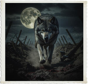 a cinematic photo of a gigantic wolf with thick grey fur and piercing yellow eyes traveling alone through a ravaged World War I battlefield at night with a full moon overhead casting an eerie glow on the destroyed trenches and discarded military equipment, the wolf's paws kicking up dust and debris as it moves, set against a dark sky with clouds illuminated by the moon, with a mix of mud, blood, and barbed wire scattered across the foreground, the overall mood is one of desolation and eerie silence, captured in a photography style reminiscent of 1915 with muted colors and a focus on textures and shadows.