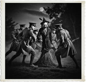 a cinematic nighttime photo of British armed soldiers in 1915 Canadian uniforms charging a scarecrow planted firmly in the ground that resembles a vampire with a menacing pose, the soldiers' faces determined with a mix of fear and bravery, their skin illuminated by the soft glow of moonlight, wearing classic trench coats and helmets, carrying rifles and bayonets, set against a dark and ominous backdrop of trees and mist, with the scarecrow's tattered black clothes and pale face a stark contrast to the soldiers' earthy tones, the photography style is dramatic and suspenseful with deep shadows and highlighted textures.