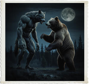 a cinematic photo of a towering Werewolf with sharp claws and piercing yellow eyes standing taller than a massive grizzly bear on its hind legs facing off the bear in the dead of night under a full moon with a dark forest landscape in the background, the Werewolf's fur is a thick grey and brown coat with a menacing gaze, the grizzly bear has a thick brown coat with a fierce expression, the photo is taken in a wide-angle shot with a shallow depth of field to emphasize the intensity of the standoff, the overall mood is ominous and intense, photography in a dark and moody color palette with shades of blue and grey to convey the nighttime atmosphere.