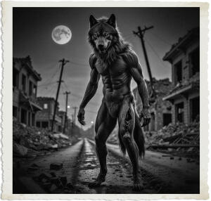 a cinematic photo of a werewolf standing on its hind legs, with a deep visible gash on its left side, set against a desolate backdrop of a bombed out town at night, with only remnants of a road stretching out into the darkness, the werewolf's fur is matted and dirty, its eyes glow with an otherworldly intensity, the surrounding buildings are reduced to rubble, with shattered windows and crumbling facades, the night sky is a deep shade of indigo, with a full moon hanging low in the horizon, casting an eerie glow over the devastated landscape, the photography style is gritty and realistic, with a focus on capturing the stark contrast between the werewolf's primal presence and the destroyed urban environment.