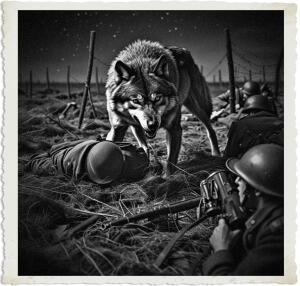 A dramatic black-and-white illustration in a vintage photo style with torn paper edges, depicting a large, fierce werewolf with glowing eyes and bared teeth standing dominantly over a chaotic World War I-style battlefield at night. In the foreground, soldiers in Brodie helmets crouch with rifles; one soldier lies motionless on the ground beside barbed wire and battlefield debris, while more troops are visible in the background under a starry sky. The scene blends historical war imagery with supernatural horror.