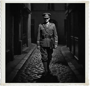 Black and white dramatic photograph of a Canadian CEF colonel in full World War II-era uniform walking alone down a narrow, dark cobblestone street in Paris during a wartime blackout. He wears a peaked cap, service tunic with medals and rank insignia, Sam Browne belt, and carries a leather messenger bag. The scene is almost completely dark with deep shadows, faint moonlight, and minimal light reflecting off the wet stones, evoking the tension of occupied or wartime Paris.