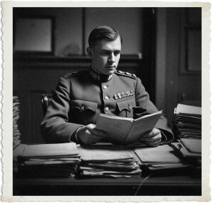 A dramatic black-and-white vintage-style photograph with torn paper edges, showing a young man in a formal military officer’s uniform (with medals, epaulets, and high collar) seated at a cluttered wooden desk. He is intently reading an open document while surrounded by towering stacks of paperwork and files. The setting appears to be a dimly lit office with framed pictures in the background, evoking the bureaucratic burden of wartime administration.