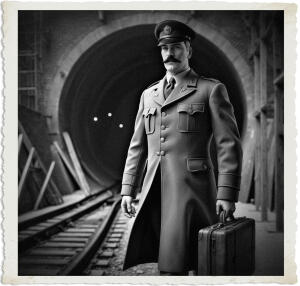 Black and white dramatic photograph of a stern Canadian officer in a long World War I/II-era greatcoat and peaked cap, standing beside railway tracks at the entrance of a large dark Metro tunnel. He holds a vintage leather suitcase in one hand and looks directly at the viewer with a serious expression. The atmospheric scene features scaffolding, dim lights deep inside the tunnel, and industrial wartime surroundings.