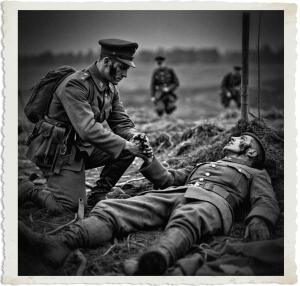 Black and white dramatic photograph of a soldier in uniform and peaked cap kneeling beside a wounded comrade on a muddy battlefield. He holds the injured man's hand while looking down at him with concern. The wounded soldier lies on his back, looking upward with a dirt- and blood-streaked face. Other soldiers are visible in the blurred background. The image has a vintage aged white border.