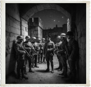 Black and white dramatic photograph of a British Army officer in peaked cap standing with a group of soldiers inside a stone fortress at night. The soldiers wear steel helmets and carry rifles, gathered under a large stone archway. The officer appears to be addressing the men. A starry night sky is visible through the arch in the background. The image has a vintage aged white border.